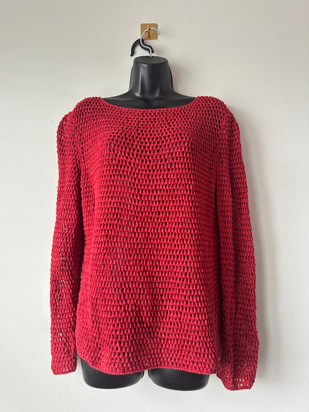 Vintage Ralph Lauren Red Linen Cotton Hand Knit Sweater Open Knit Coastal S